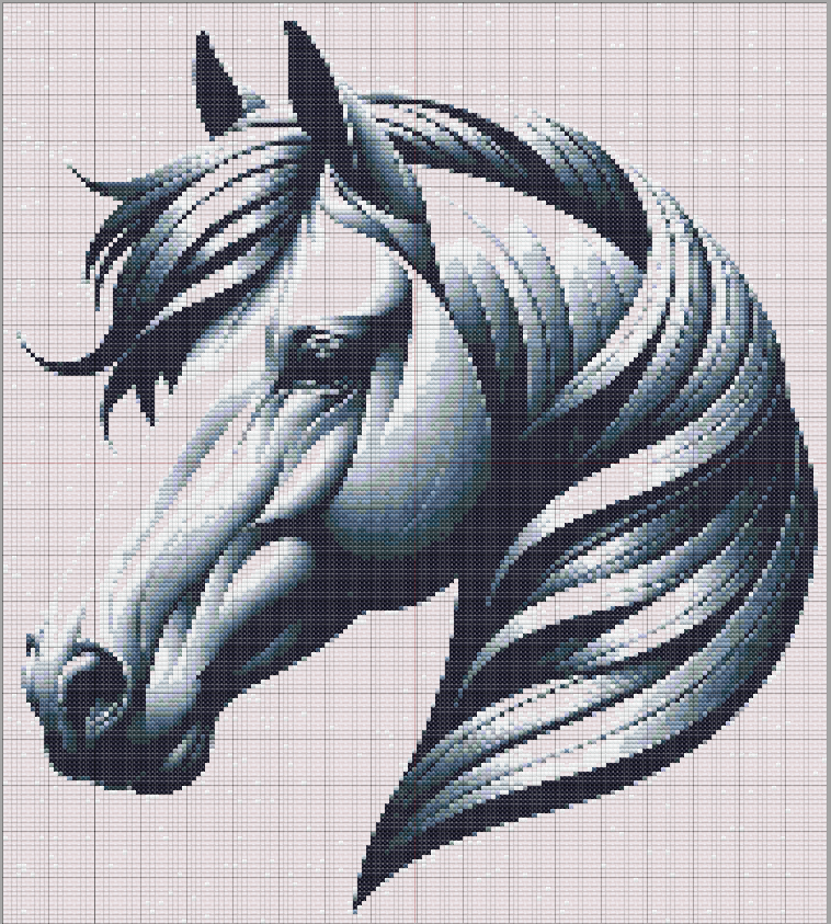 Free Cross Stitch Pattern Horse Head - Detailed horse head cross stitch pattern in black, white, and grey with flowing, abstract mane and sculptural shading.