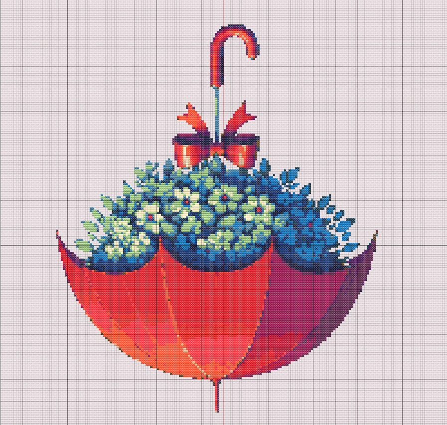 Free Cross Stitch Pattern Floral Umbrella - Red umbrella with detailed bouquet of blue, green, and coral flowers. Decorative bow and curved handle in stylized cross stitch design.