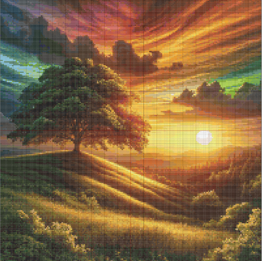 Free Cross Stitch Pattern Sunset - Detailed cross stitch pattern of a colorful sunset over rolling hills and a single tree, using over 100 DMC colors for realistic shading.