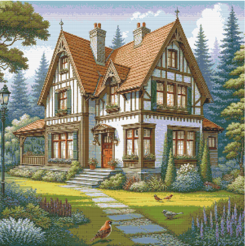 Free Cross Stitch Pattern Cottage - Victorian-style cottage with white walls, timber accents, flower boxes, birds, and lush green garden in cross stitch pattern.