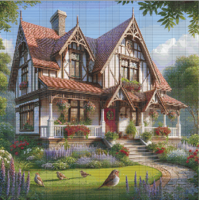 Free Cross Stitch Pattern Victorian Garden - Victorian-style house with steep gabled roofs, surrounded by flowers and birds in a lush garden setting, captured in a detailed cross stitch design.