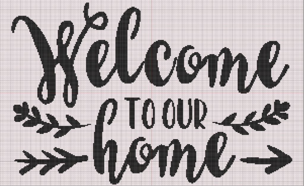 Free Cross Stitch Pattern: "Welcome to Our Home" - Free cross stitch pattern "Welcome to Our Home" in modern calligraphy with black lettering and rustic leaves and arrows on 14-count Aida.