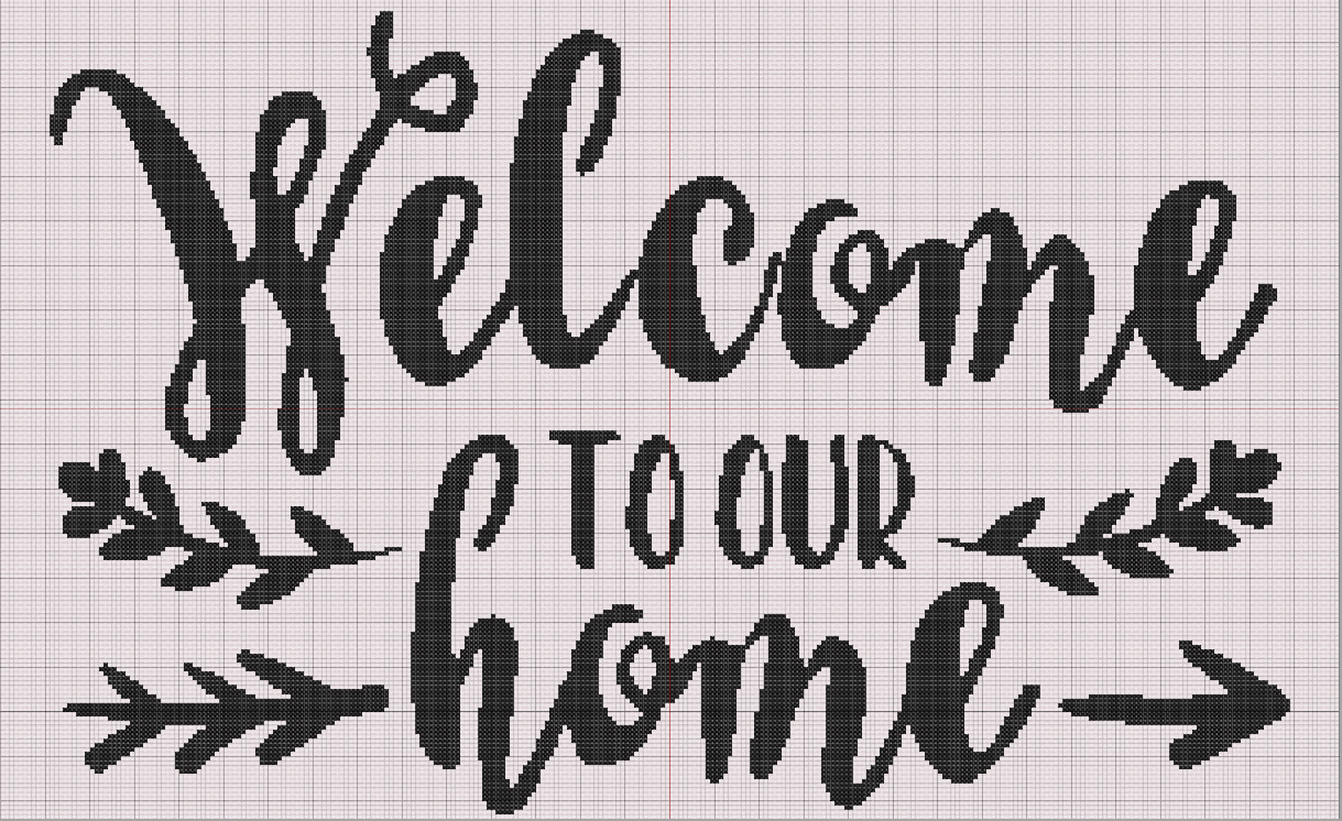 Free Cross Stitch Pattern: "Welcome to Our Home" - Free cross stitch pattern "Welcome to Our Home" in modern calligraphy with black lettering and rustic leaves and arrows on 14-count Aida.