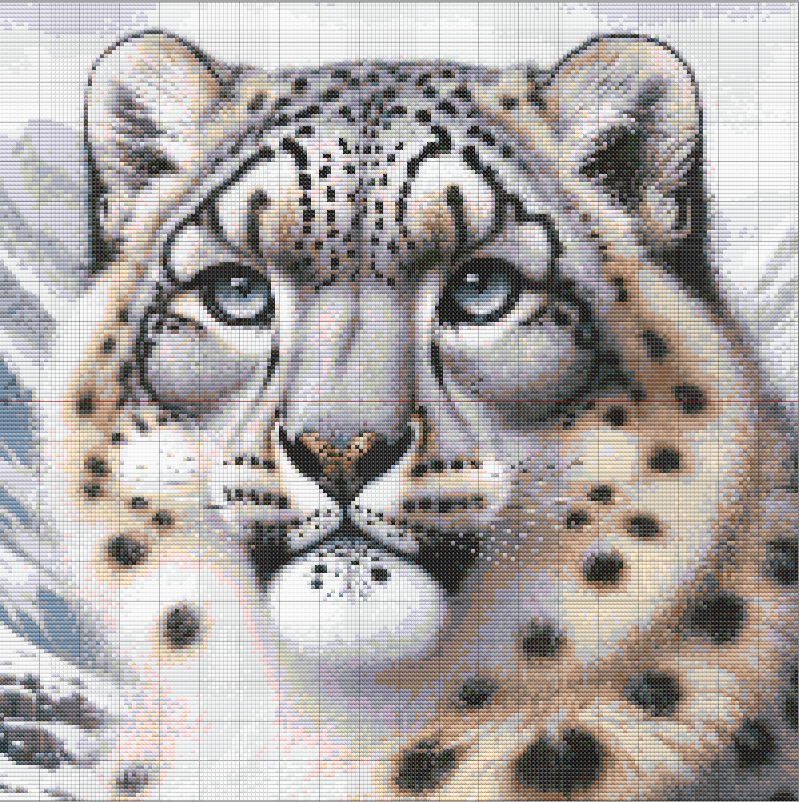 Realistic cross stitch pattern of a snow leopard with icy eyes and detailed fur, set against a snowy alpine background.