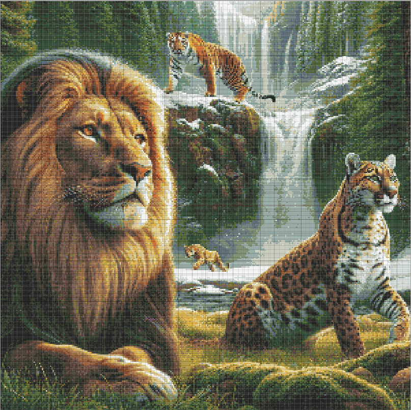 Highly detailed cross stitch design of a lion, leopard, tiger, and wild cat in a snowy forest with waterfall and pine trees.