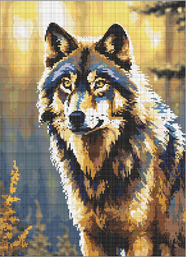 Detailed cross stitch design of a lone wolf standing in a golden forest with dramatic lighting and realistic fur shading.