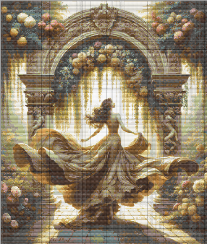 Cross stitch design of a golden-dressed woman dancing under a floral arch in radiant sunlight, framed by garden roses and stone columns.